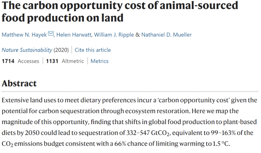 The carbon opportunity cost of animal-sourced food production on land